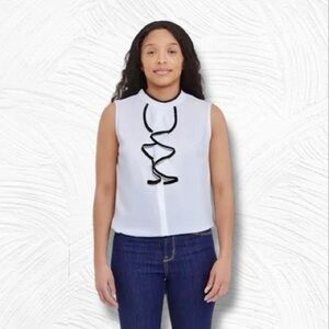 NWT Calvin Klein ‘Sleeveless Two-Tone Ruffle Front Blouse’ in “Eggshell / Black”